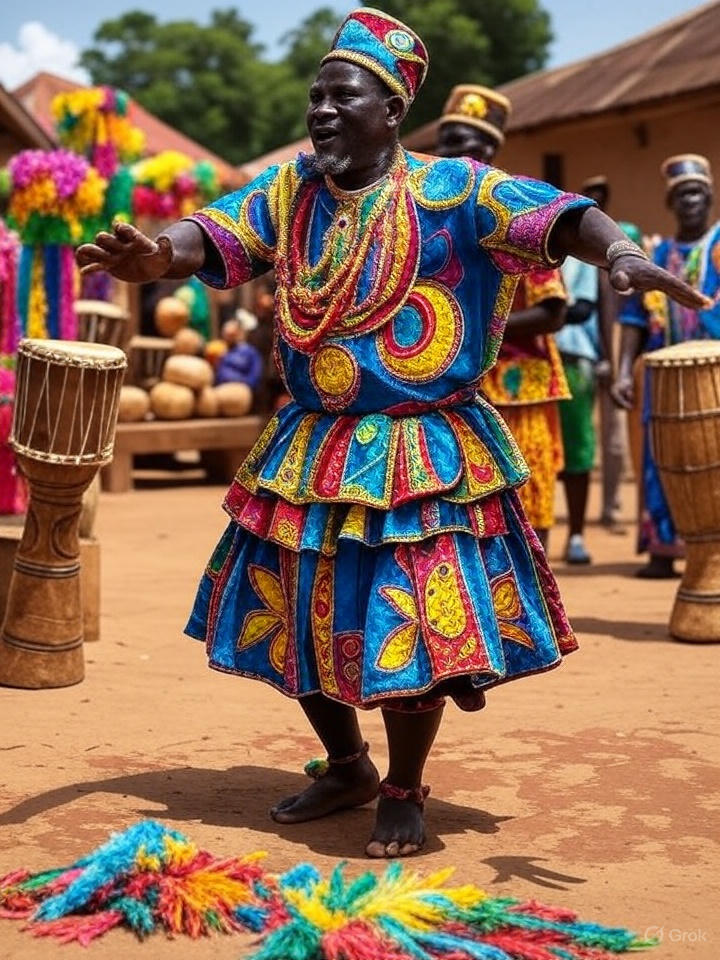 un festival traditionnel igbo, on joue des tambours et les gens dansent