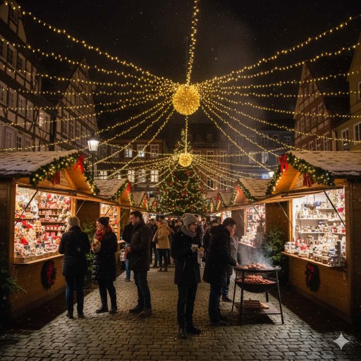 Germans in a beautiful place, all decorated, with christmas deco, buying christmas gifts