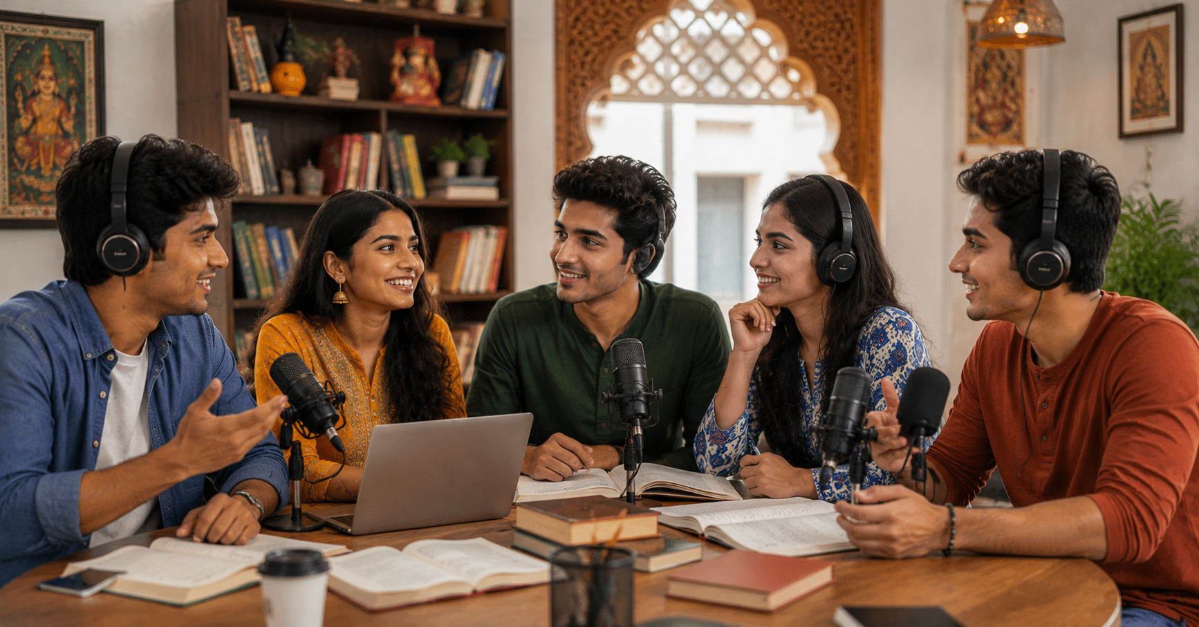 De jeunes étudiants indiens pratiquent ensemble la conversation anglaise dans une salle de classe moderne et chaleureuse, équipée de livres, de casques et de microphones, dans un environnement d'apprentissage collaboratif.